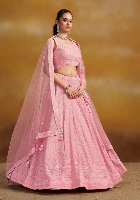 Grey Georgette Sequins & Thread Embroidered Semi Stitched Wedding Wear Lehenga Choli