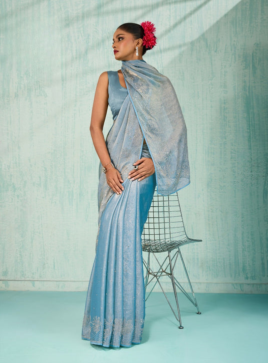 Designer Pink Zarkhan Embellished Dual Tone Velvet Chiffon Festive Wear Saree For Women