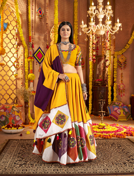 Navratri Special Yellow Viscose Cotton Kutchi Embroidery Work Fully Stitched Lehenga Choli