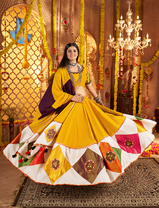 Navratri Special Yellow Viscose Cotton Kutchi Embroidery Work Fully Stitched Lehenga Choli