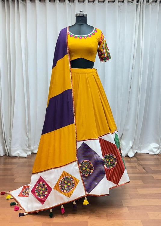 Navratri Special Yellow Viscose Cotton Kutchi Embroidery Work Fully Stitched Lehenga Choli