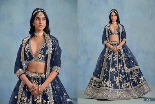 Navy Blue Art Silk Thread & Sequins Embroidered Semi Stitched Lehenga Choli