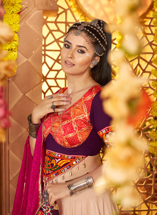 Navratri Special Beige Viscose Rayon Embroidered Ready Made Fully Stitched Lehenga Choli