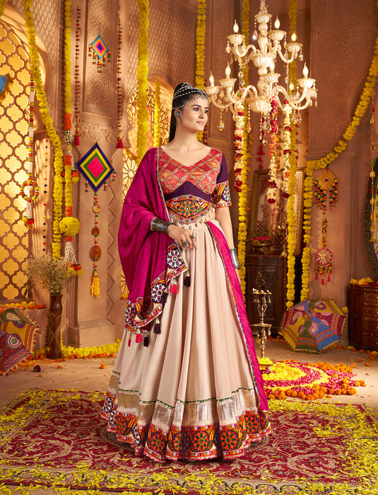 Navratri Special Beige Viscose Rayon Embroidered Ready Made Fully Stitched Lehenga Choli