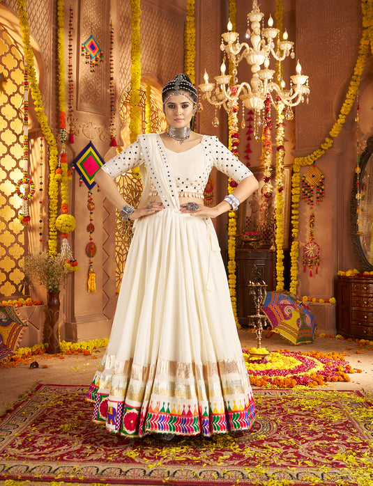 Navratri Special White Viscose Rayon Embroidered Ready Made Fully Stitched Lehenga Choli
