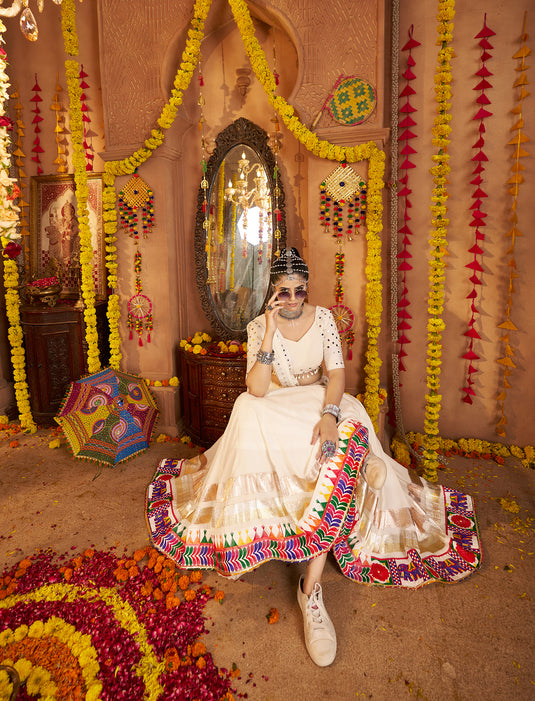 Navratri Special White Viscose Rayon Embroidered Ready Made Fully Stitched Lehenga Choli