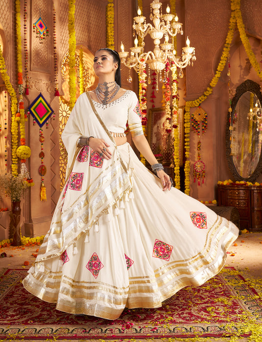Navratri Special White Viscose Rayon Embroidered Ready Made Fully Stitched Lehenga Choli