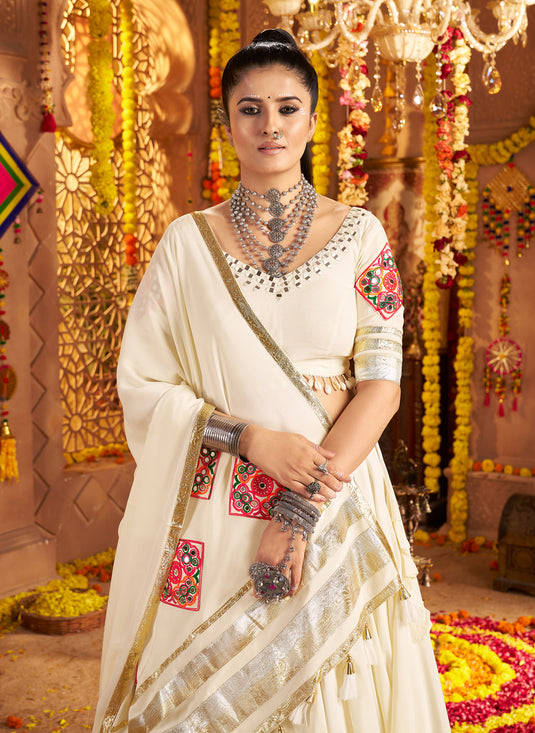 Navratri Special White Viscose Rayon Embroidered Ready Made Fully Stitched Lehenga Choli