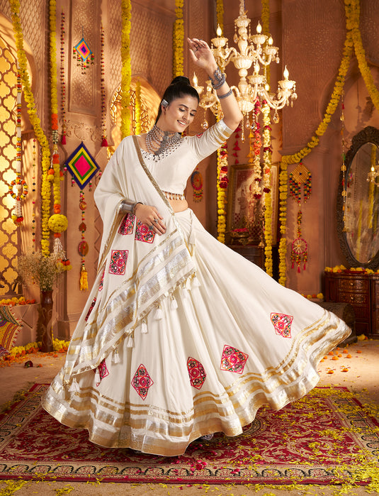 Navratri Special White Viscose Rayon Embroidered Ready Made Fully Stitched Lehenga Choli