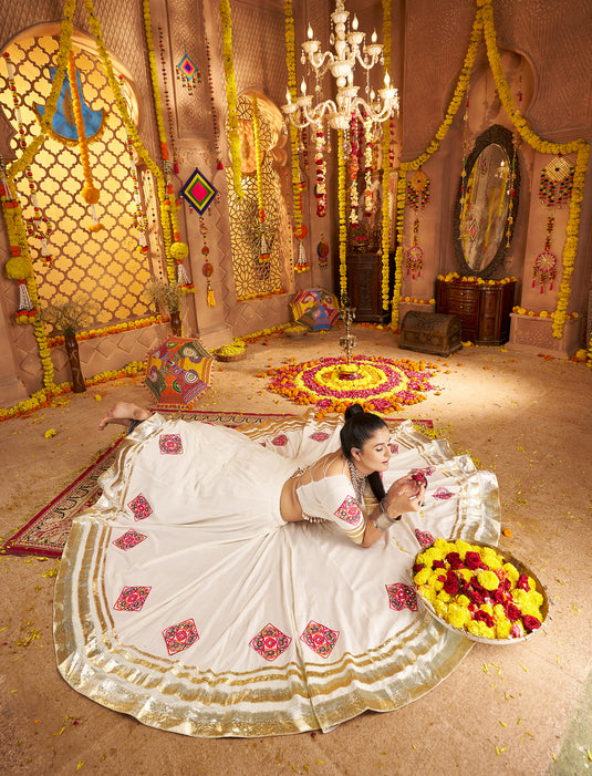 Navratri Special White Viscose Rayon Embroidered Ready Made Fully Stitched Lehenga Choli