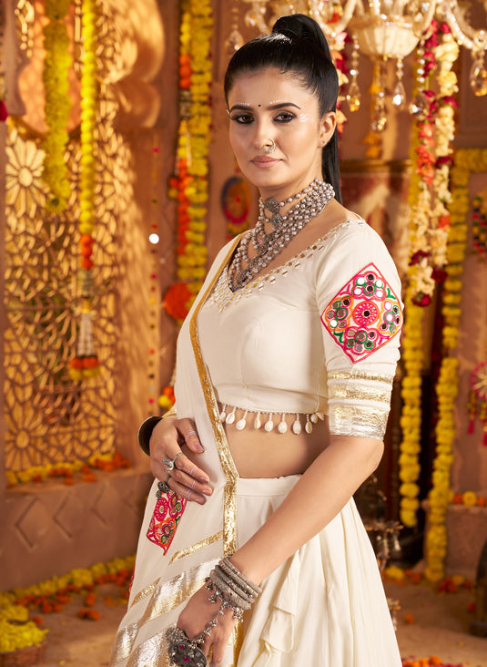 Navratri Special White Viscose Rayon Embroidered Ready Made Fully Stitched Lehenga Choli