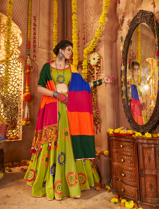 Navratri Special Green Viscose Cotton Ready Made Fully Stitched Gamthi Work Lehenga Choli