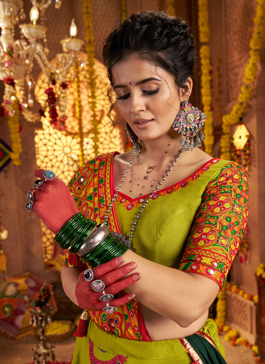 Navratri Special Green Viscose Cotton Ready Made Fully Stitched Gamthi Work Lehenga Choli