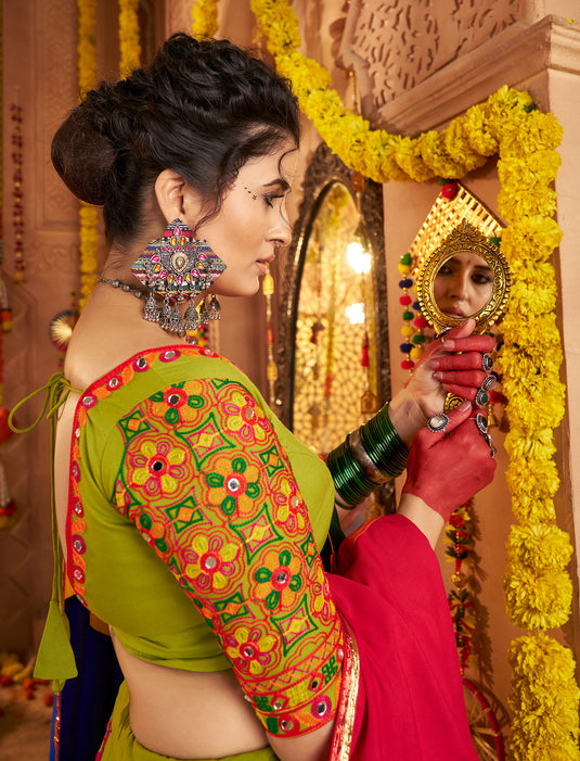 Navratri Special Green Viscose Cotton Ready Made Fully Stitched Gamthi Work Lehenga Choli