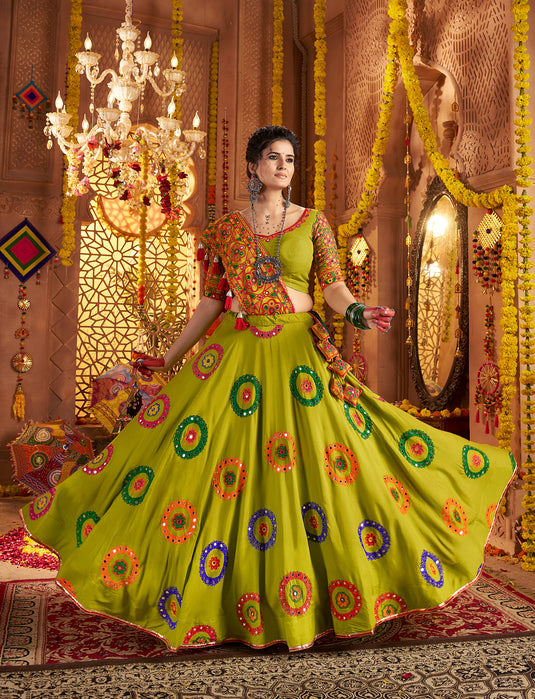 Navratri Special Green Viscose Cotton Ready Made Fully Stitched Gamthi Work Lehenga Choli