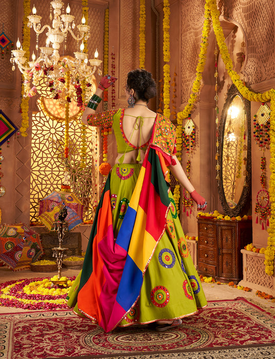 Navratri Special Green Viscose Cotton Ready Made Fully Stitched Gamthi Work Lehenga Choli