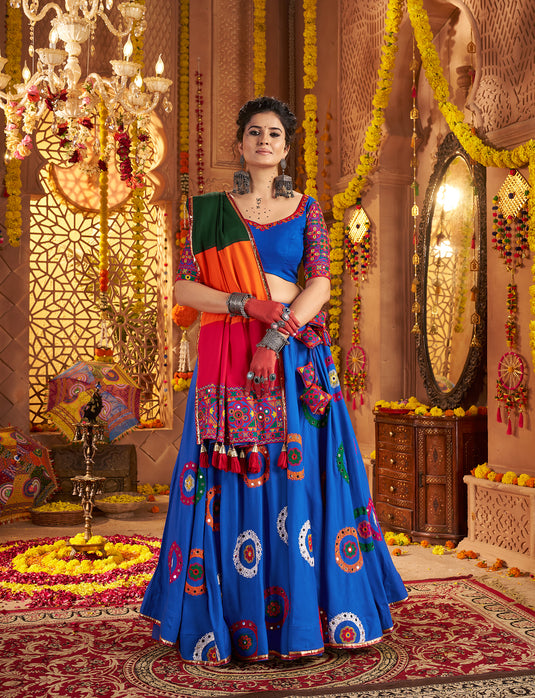 Navratri Special Blue Viscose Cotton Ready Made Fully Stitched Gamthi Work Lehenga Choli