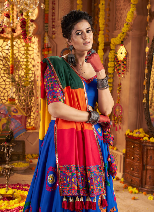 Navratri Special Blue Viscose Cotton Ready Made Fully Stitched Gamthi Work Lehenga Choli