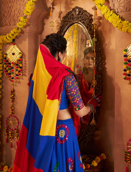 Navratri Special Blue Viscose Cotton Ready Made Fully Stitched Gamthi Work Lehenga Choli