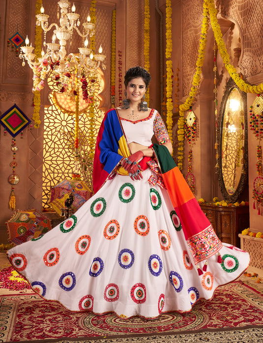 Navratri Special White Viscose Cotton Ready Made Fully Stitched Gamthi Work Lehenga Choli