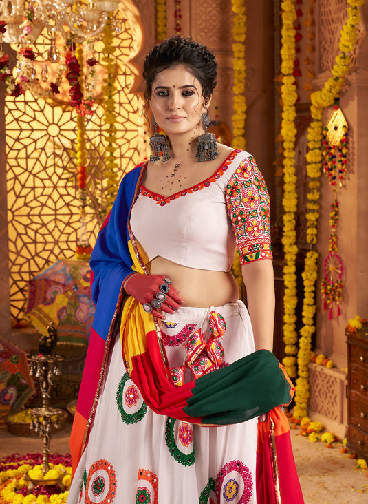 Navratri Special White Viscose Cotton Ready Made Fully Stitched Gamthi Work Lehenga Choli