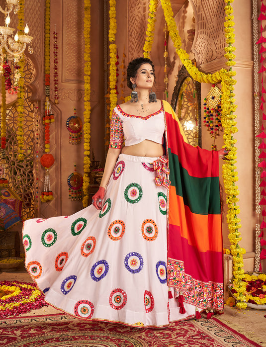 Navratri Special White Viscose Cotton Ready Made Fully Stitched Gamthi Work Lehenga Choli