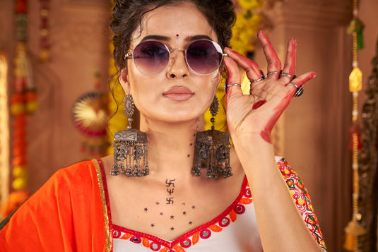 Navratri Special White Viscose Cotton Ready Made Fully Stitched Gamthi Work Lehenga Choli