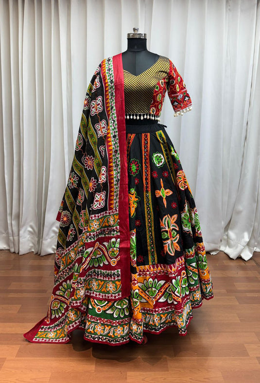 Navratri Special Black Organic Cotton Aari Foil Work Fully Stitched Festive Wear Lehenga Choli