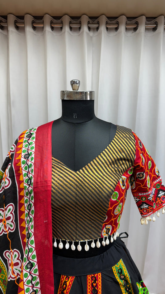 Navratri Special Black Organic Cotton Aari Foil Work Fully Stitched Festive Wear Lehenga Choli