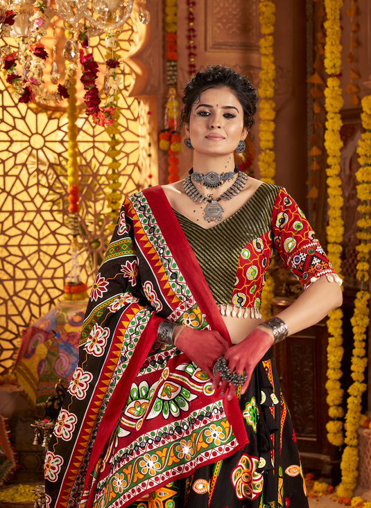 Navratri Special Black Organic Cotton Aari Foil Work Fully Stitched Festive Wear Lehenga Choli