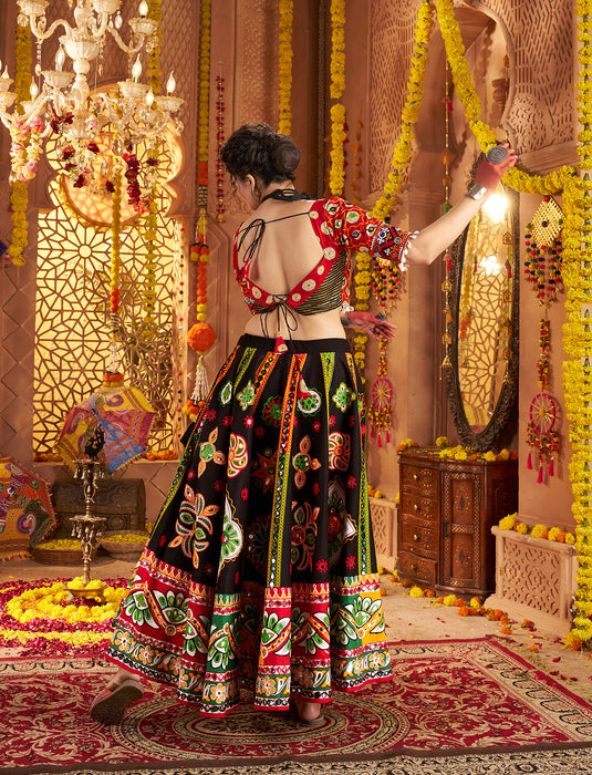 Navratri Special Black Organic Cotton Aari Foil Work Fully Stitched Festive Wear Lehenga Choli