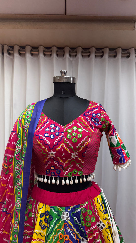 Navratri Special Multicolor Organic Cotton Aari Foil Work Fully Stitched Festive Wear Lehenga Choli