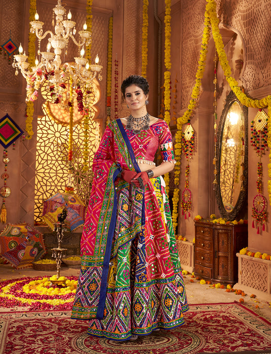 Navratri Special Multicolor Organic Cotton Aari Foil Work Fully Stitched Festive Wear Lehenga Choli