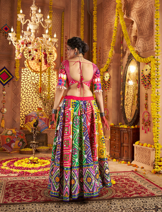 Navratri Special Multicolor Organic Cotton Aari Foil Work Fully Stitched Festive Wear Lehenga Choli