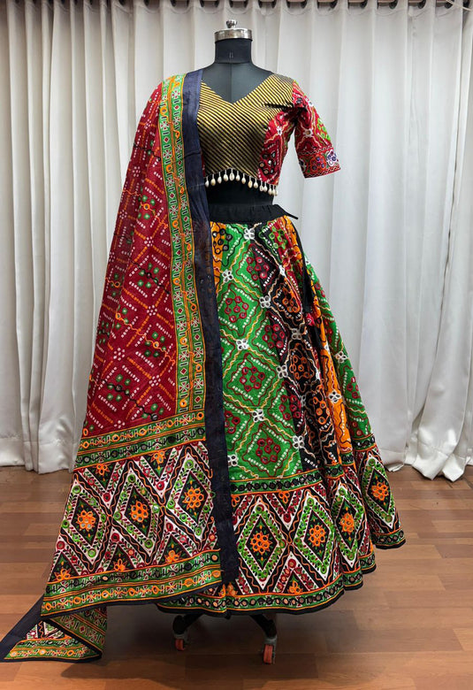 Garba Special Multicolor Organic Cotton Aari Foil Work Fully Stitched Festive Wear Lehenga Choli