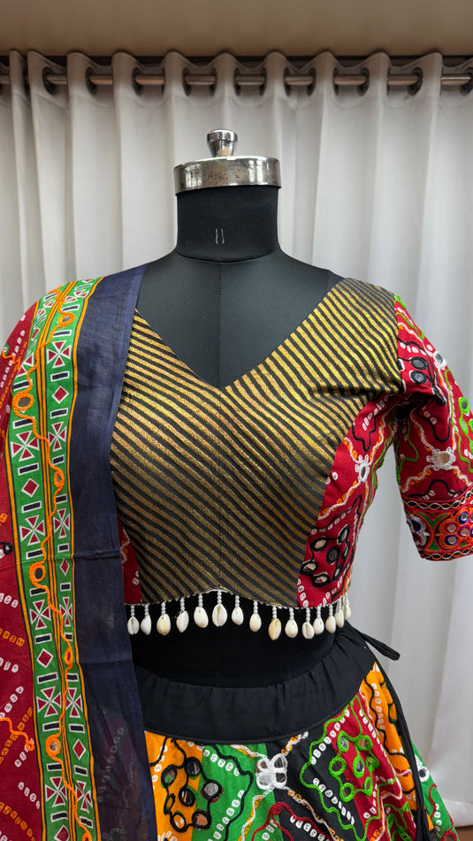 Garba Special Multicolor Organic Cotton Aari Foil Work Fully Stitched Festive Wear Lehenga Choli