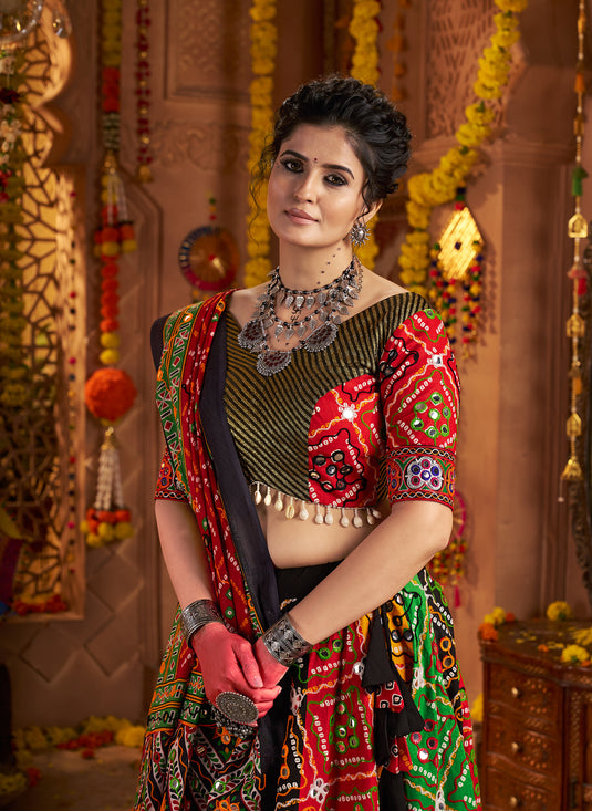 Garba Special Multicolor Organic Cotton Aari Foil Work Fully Stitched Festive Wear Lehenga Choli