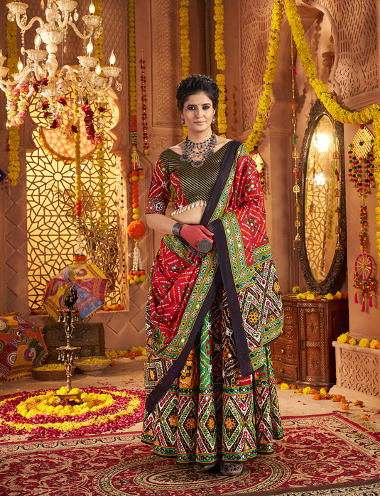 Garba Special Multicolor Organic Cotton Aari Foil Work Fully Stitched Festive Wear Lehenga Choli
