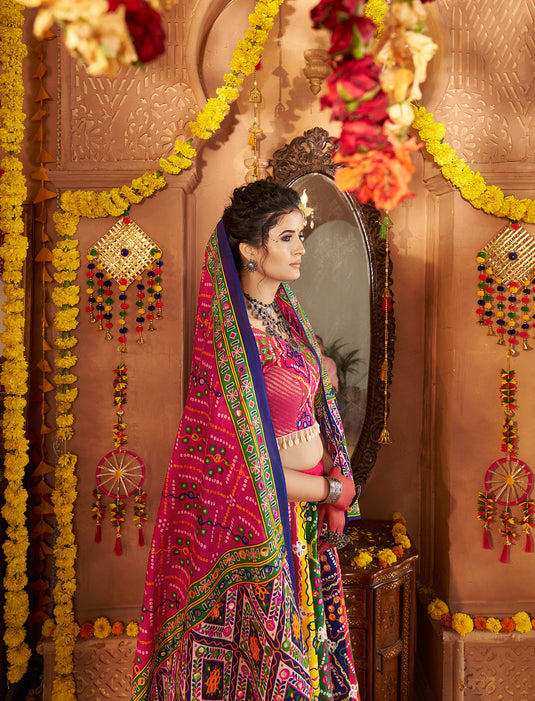 Garba Special Multicolor Organic Cotton Aari Foil Work Fully Stitched Festive Wear Lehenga Choli