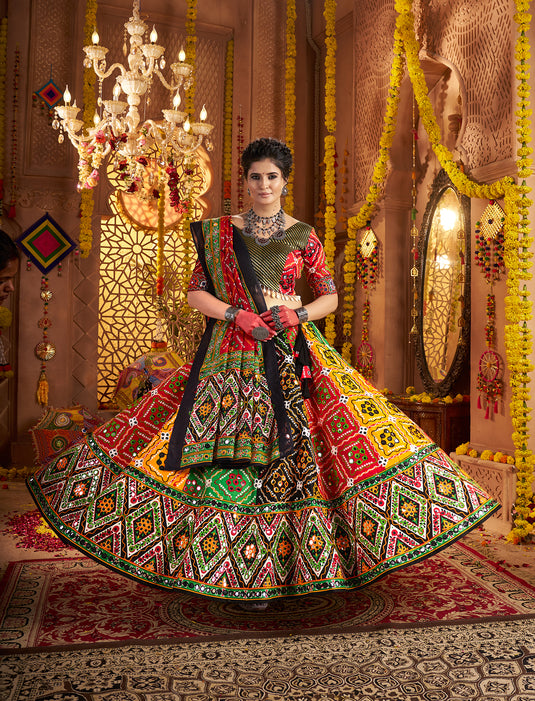 Garba Special Multicolor Organic Cotton Aari Foil Work Fully Stitched Festive Wear Lehenga Choli