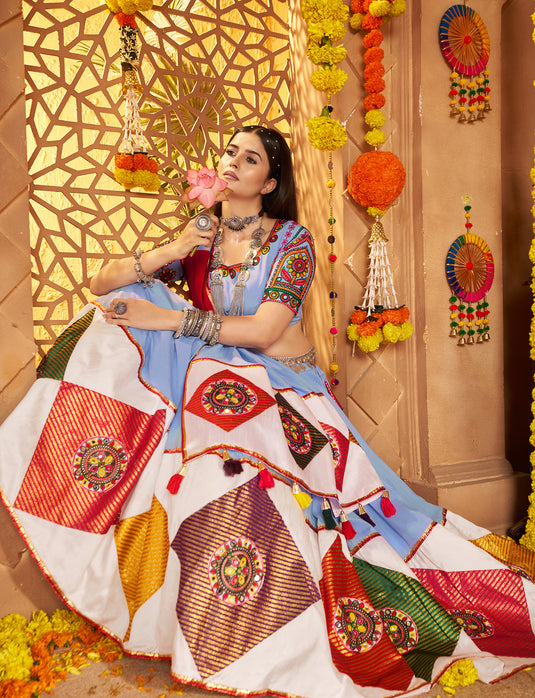 Navratri Special Sky Blue Viscose Cotton Kutchi Embroidery Work Fully Stitched Lehenga Choli