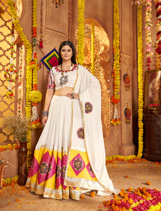 Garba Special White Viscose Cotton Kutchi Embroidery Work Fully Stitched Lehenga Choli