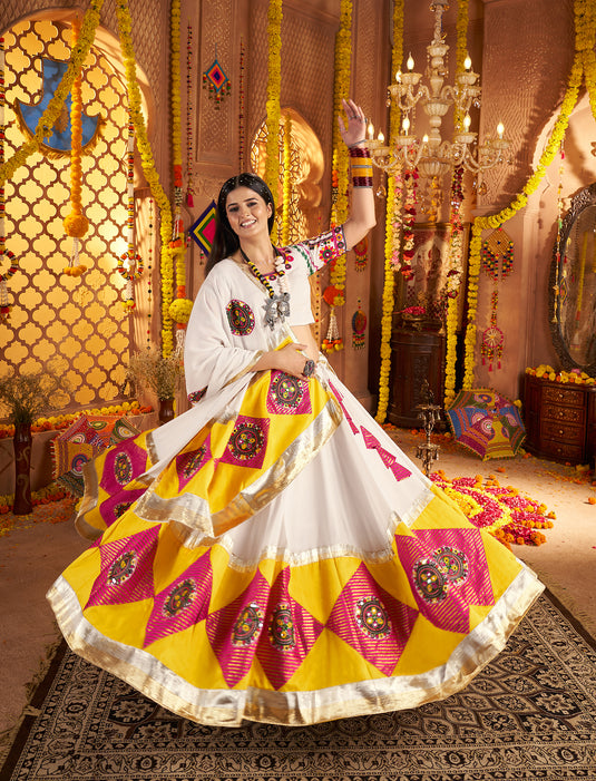 Garba Special White Viscose Cotton Kutchi Embroidery Work Fully Stitched Lehenga Choli