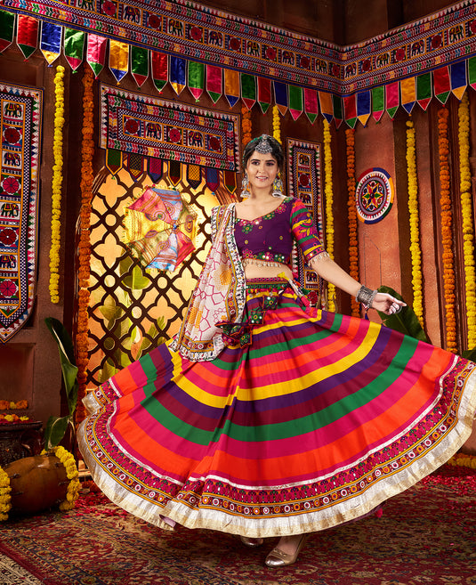 Garba Special Special Multicolor Muslin Mirror Work Readymade Fully Stitched Festive Wear Lehenga Choli