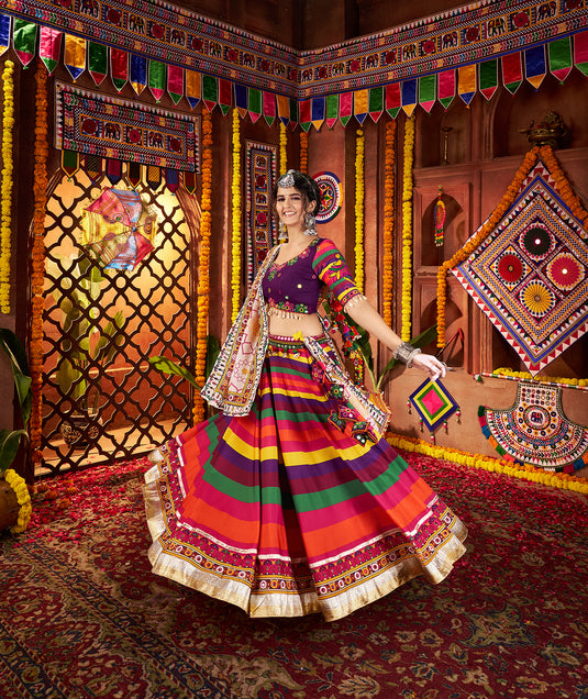 Garba Special Special Multicolor Muslin Mirror Work Readymade Fully Stitched Festive Wear Lehenga Choli