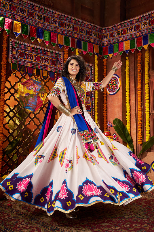 Navratri Special Off White Gajji Silk Mirror Work Fully Stitched Festive Wear Lehenga Choli