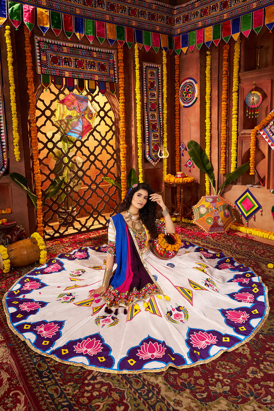 Navratri Special Off White Gajji Silk Mirror Work Fully Stitched Festive Wear Lehenga Choli