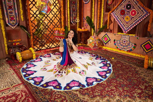 Navratri Special Off White Gajji Silk Mirror Work Fully Stitched Festive Wear Lehenga Choli