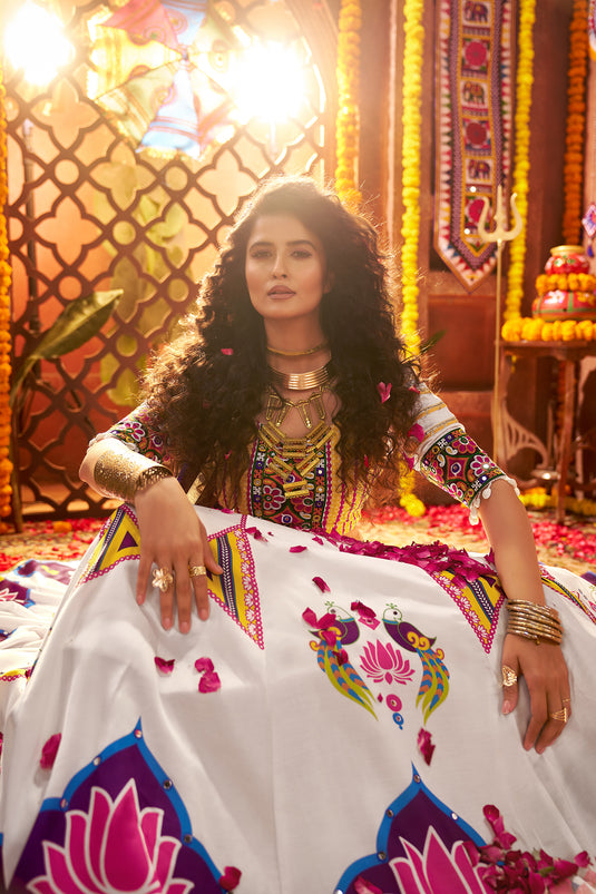 Navratri Special Off White Gajji Silk Mirror Work Fully Stitched Festive Wear Lehenga Choli