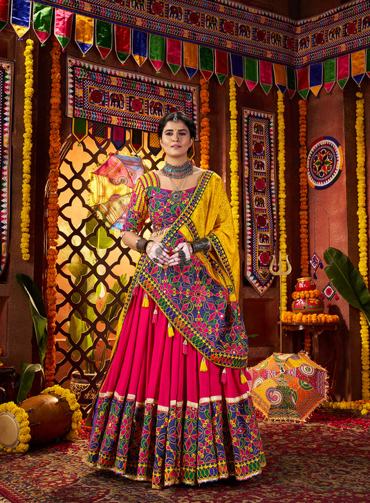 Garba Special Pink Viscose Cotton Thread Mirror Work Fully Stitched Festive Wear Lehenga Choli